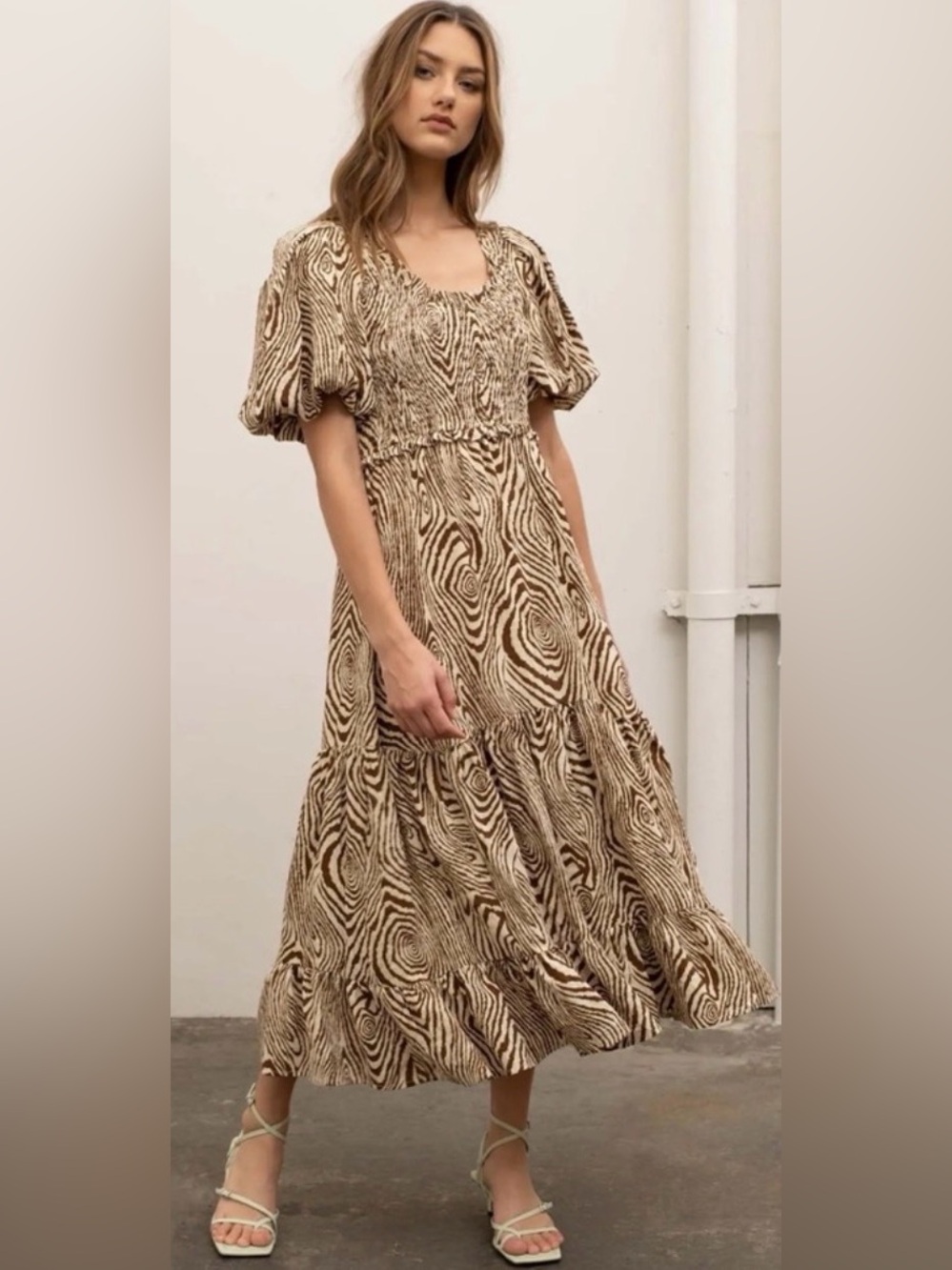 Moon River Green Cream Swirl Print Smocked Puff Sleeve Tiered Midi Dress Size S
